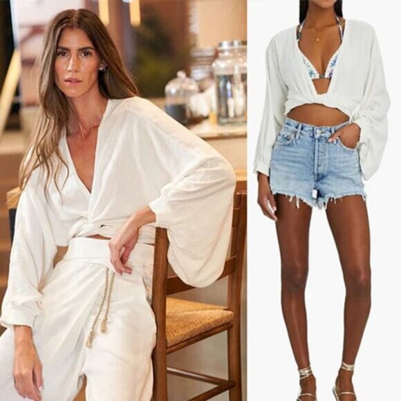 Just BEE Queen Tops - NEW Just Bee Queen Adri Tie Front V-Neck Banded Cuff Balloon Sleeve Top White